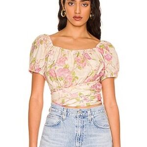 Spell & The Gypsy Rose Garden Linen Blend Cropped Top S On/Off The Shoulder